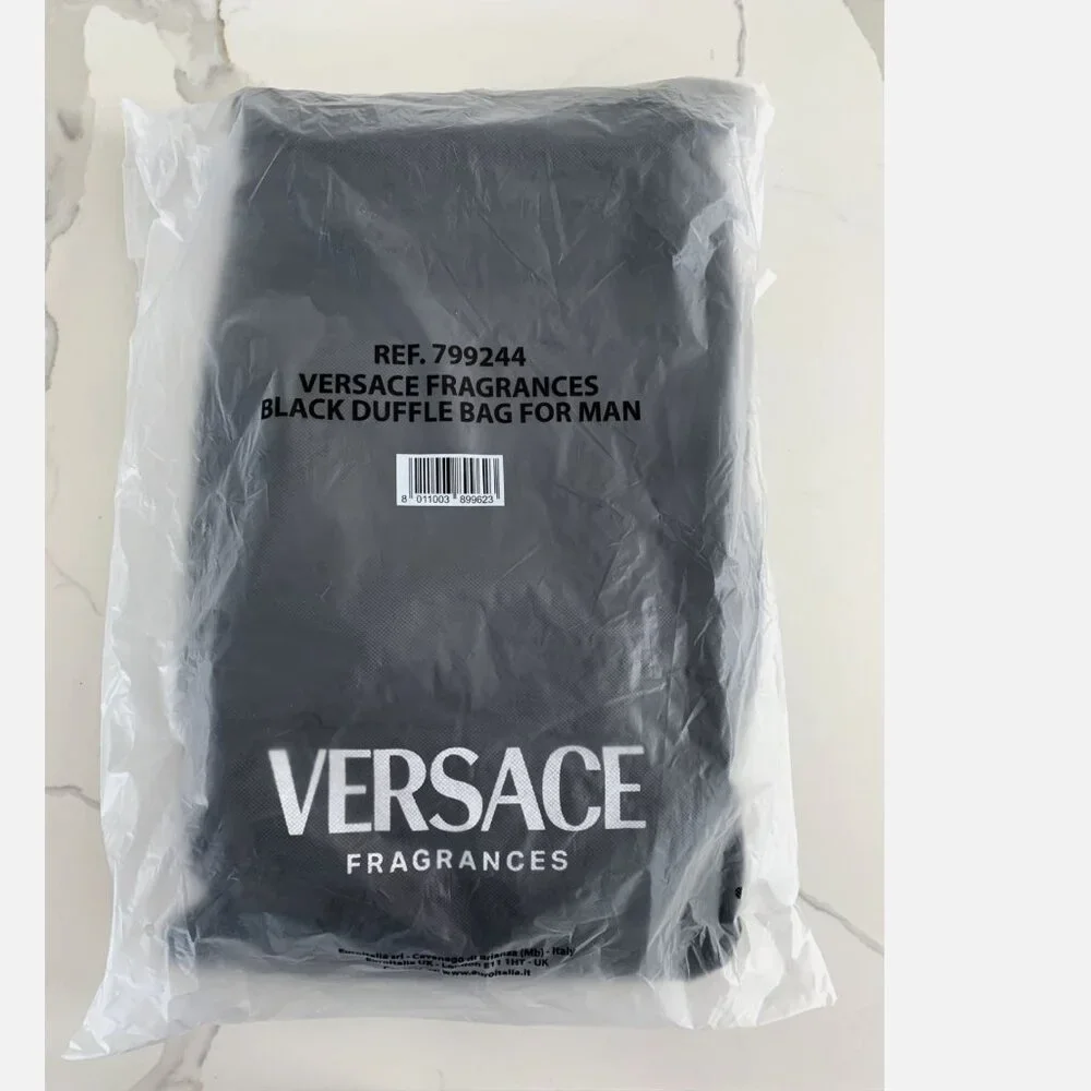 Versace Fragrances Black Duffle with Silver Tone Zipper Travel Overnight Bag New